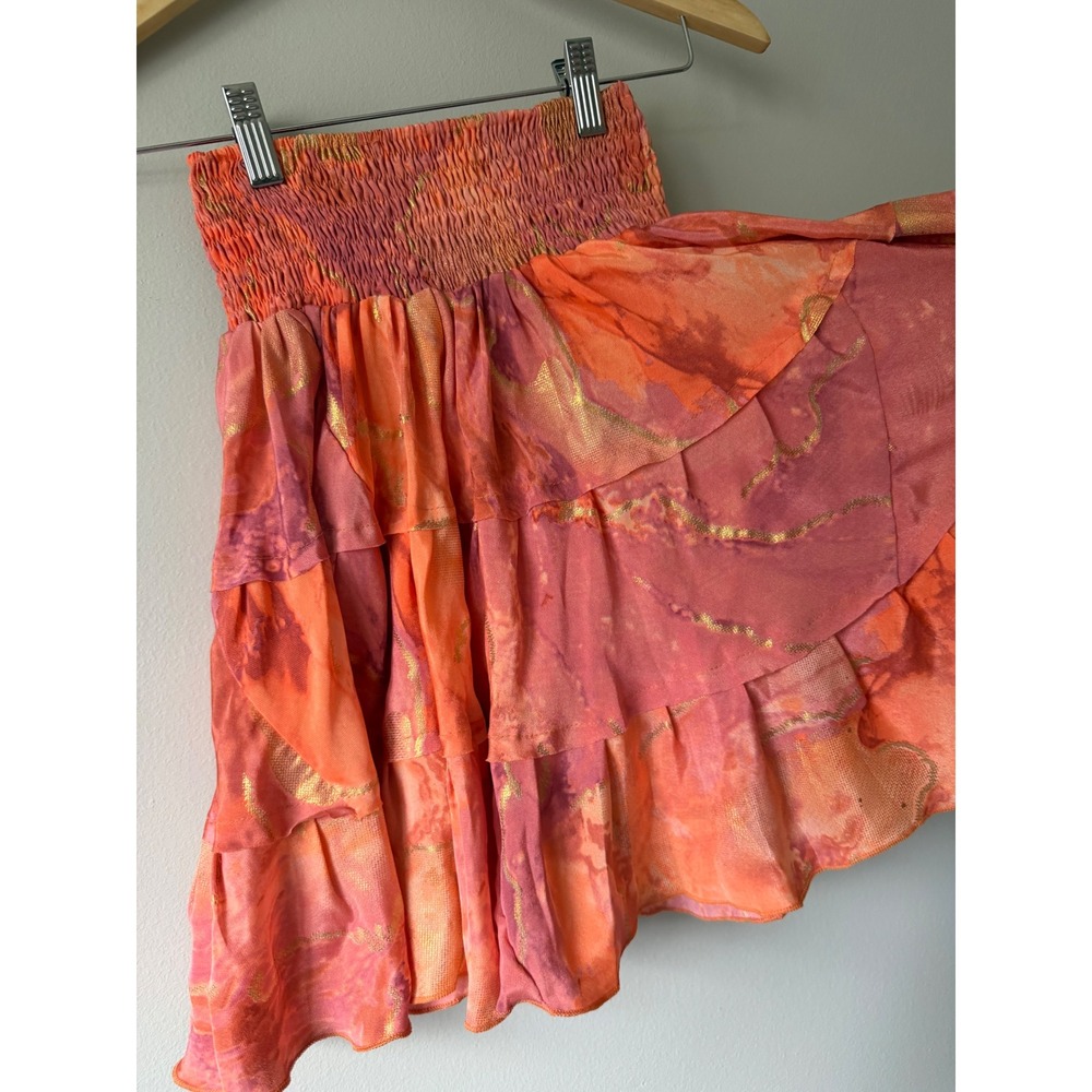 Pahiesa Formentera Silk Mini Skirt XS Tiered Smocked Ruffle Boho - Picture 2 of 12